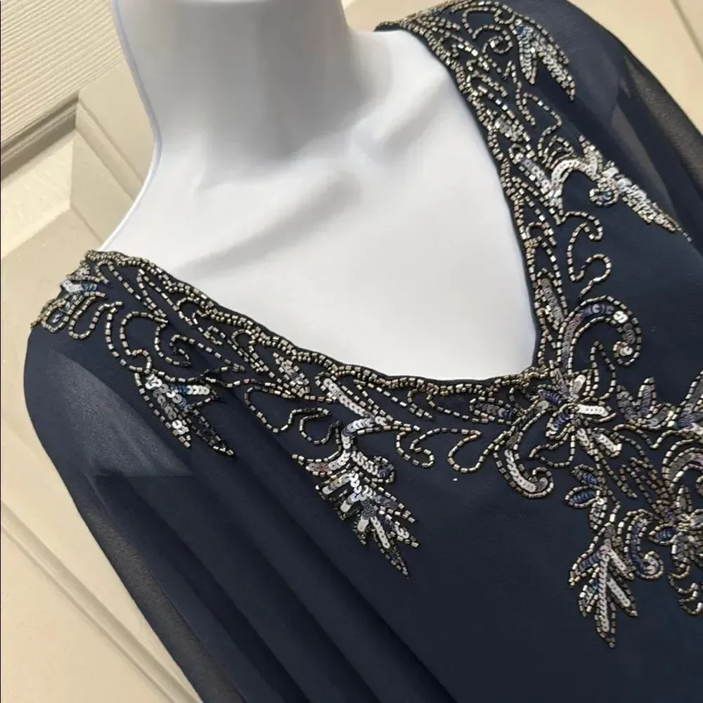 Jkara Elegant Navy Mercury Beaded Embellished Midi Dress Sheer Kaftan Plus 24W